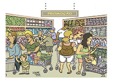 Ilustração com fundo branco mostra adultos e crianças fazendo compras no setor de hortifruti do supermercado.  Acima e ao centro, a placa “promoção” chama atenção.